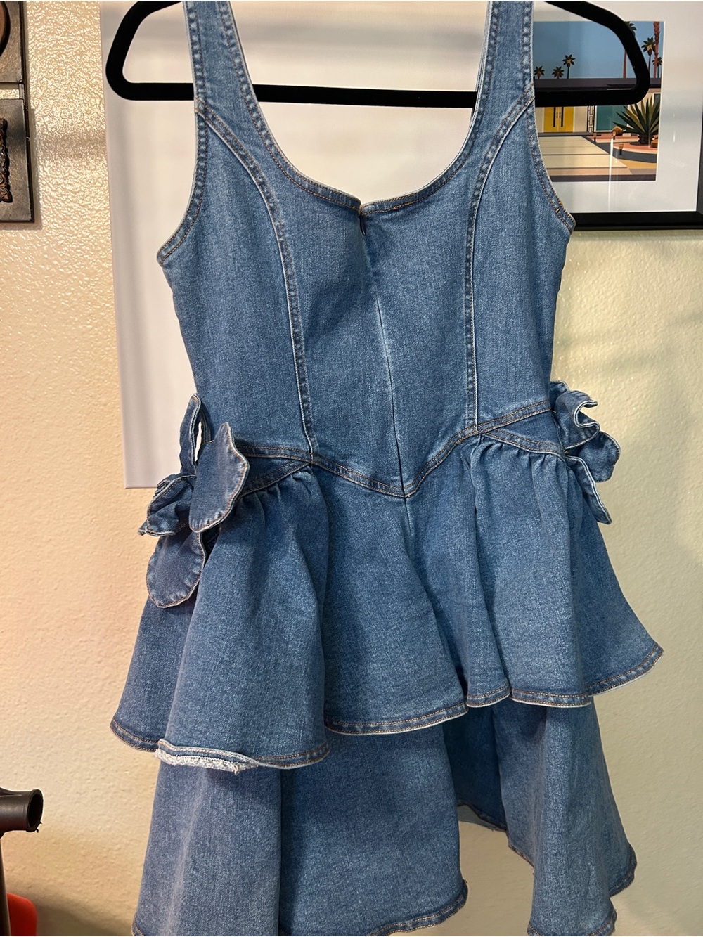 Denim Floral Appliqué Tiered Mini Dress - Blue #Western #Cowgirl - Picture 2 of 5
